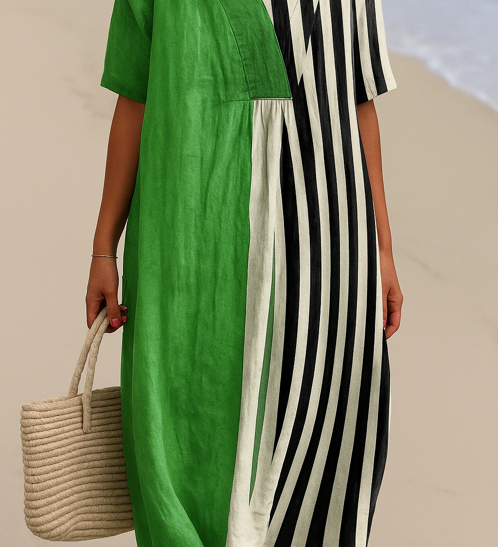 Noémia - Vestido Verde Vibrante com Listras Pretas