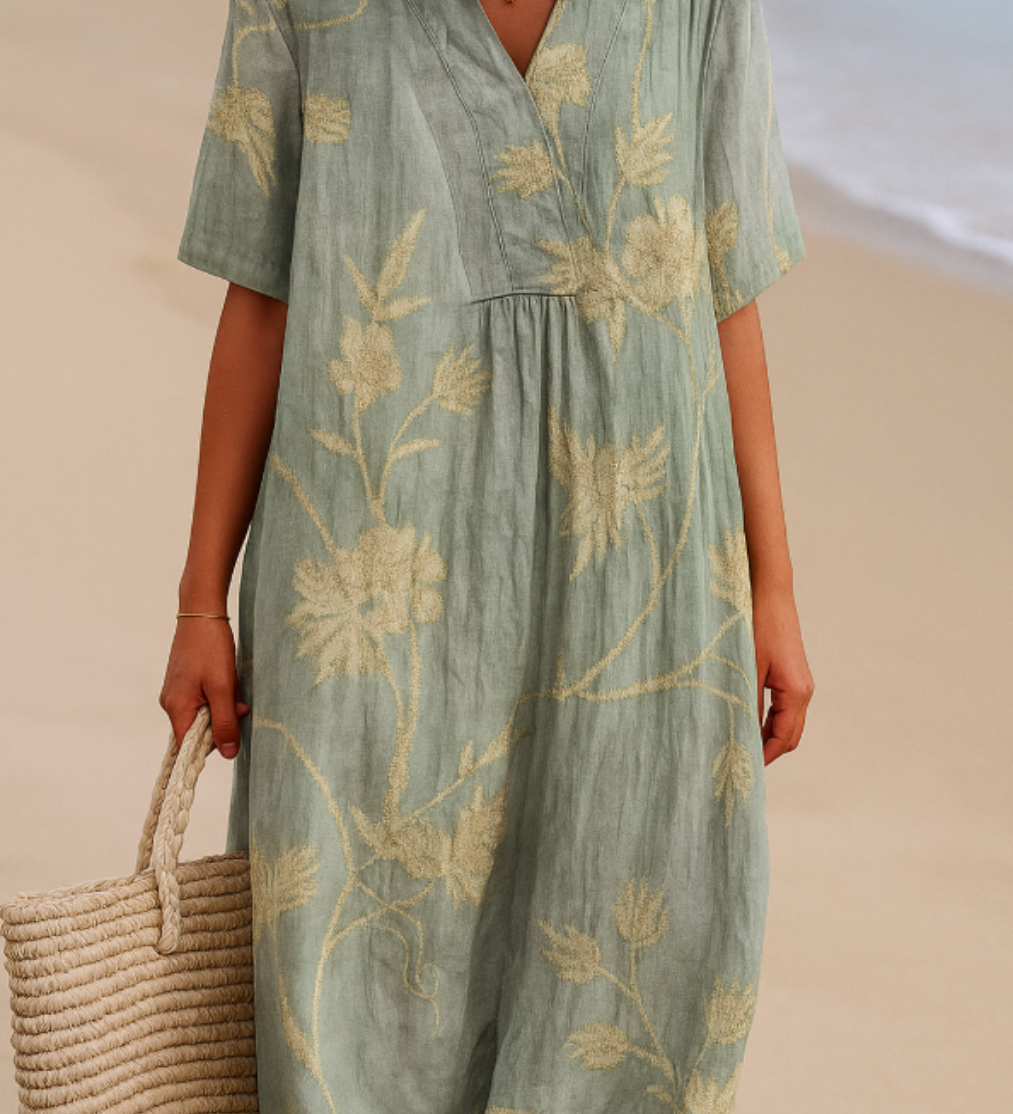 Clementina - Vestido Azul-Cinza com Bordado Floral