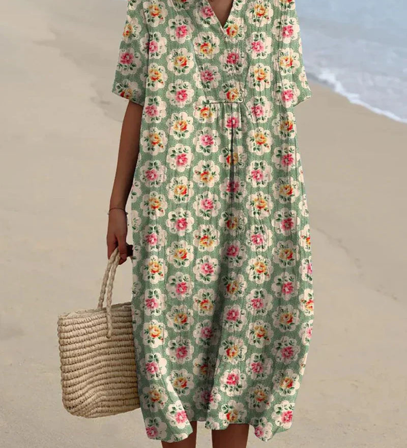 Eulállia - Vestido Floral Retro em Verde Água